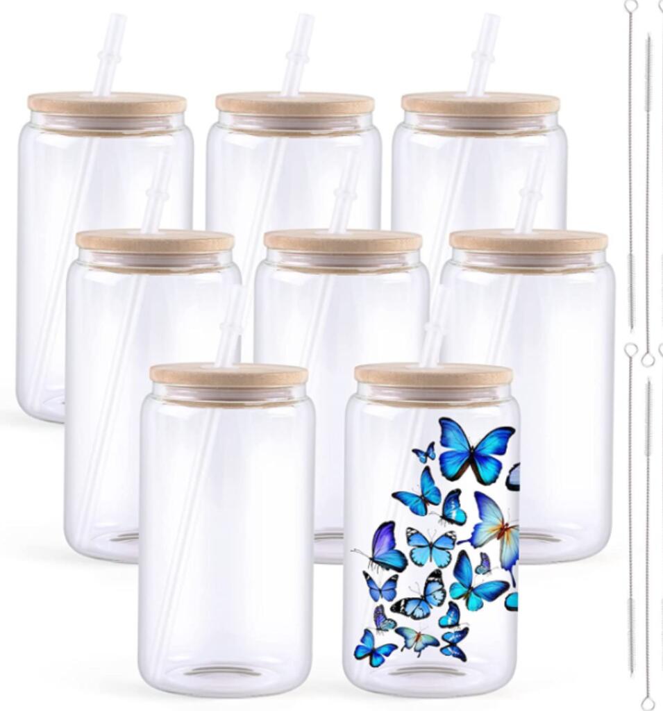 

USA Warehouse Ship in 12H 16oz Clear Glass Sublimation Tumblers with Bamboo Lid Easy To Sublimate Tumbler Blanks DIY for Iced Coffee Cups 16 OZ GJ0418, Multi-color