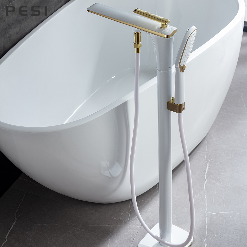 

Bathroom Shower Heads White and Gold Floor Mounted Bathtub Faucet Freestanding Tub Mixer Crane with Handshower Floor Mounted Claw Foot 230406