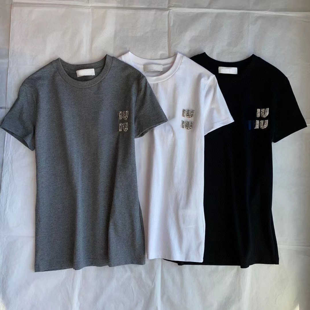 

Summer short sleeved T shirt designer t shirt new rhinestone letter sweatshirt womens cotton pullover tee round neck T-shirt, White 1