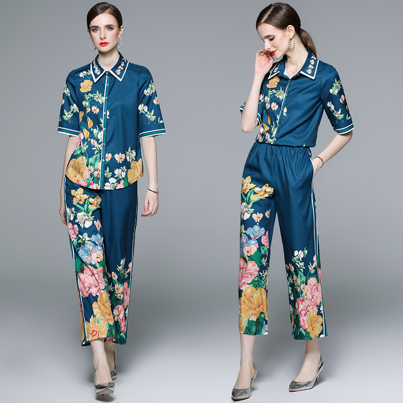 

Short Sleeve Summer Outfit Pants Women Two Piece Sets 2023 Bow Blouse and Print Wide Leg Trousers Vacation Women Designer 2 Piece Suit Graceful Office Lady Pant Set, Blue