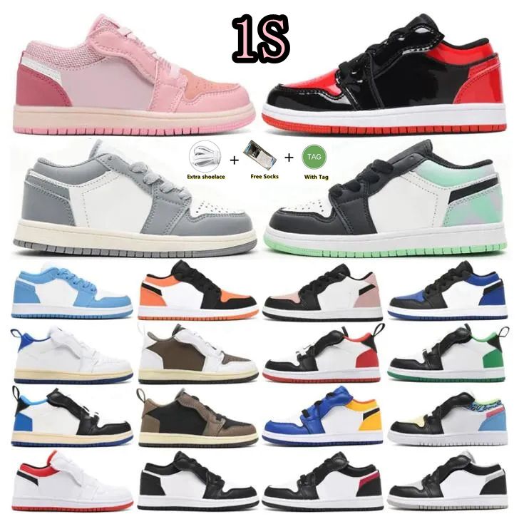 

Kids Jumpman 1 1S mid Basketball Shoes OG Military Blue toddler Sneaker TS Royal Metallic Silver Toe Tropical Twist Paint boys girls children jordon running shoe 26-35