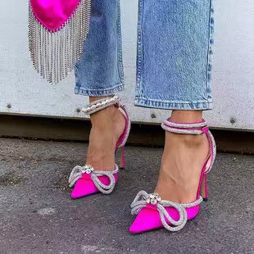 

Satin bow pumps Dress shoes Crystal Embellished Evening shoes stiletto heels sandals women Luxury Designers ankle strap factory footwear, Grey