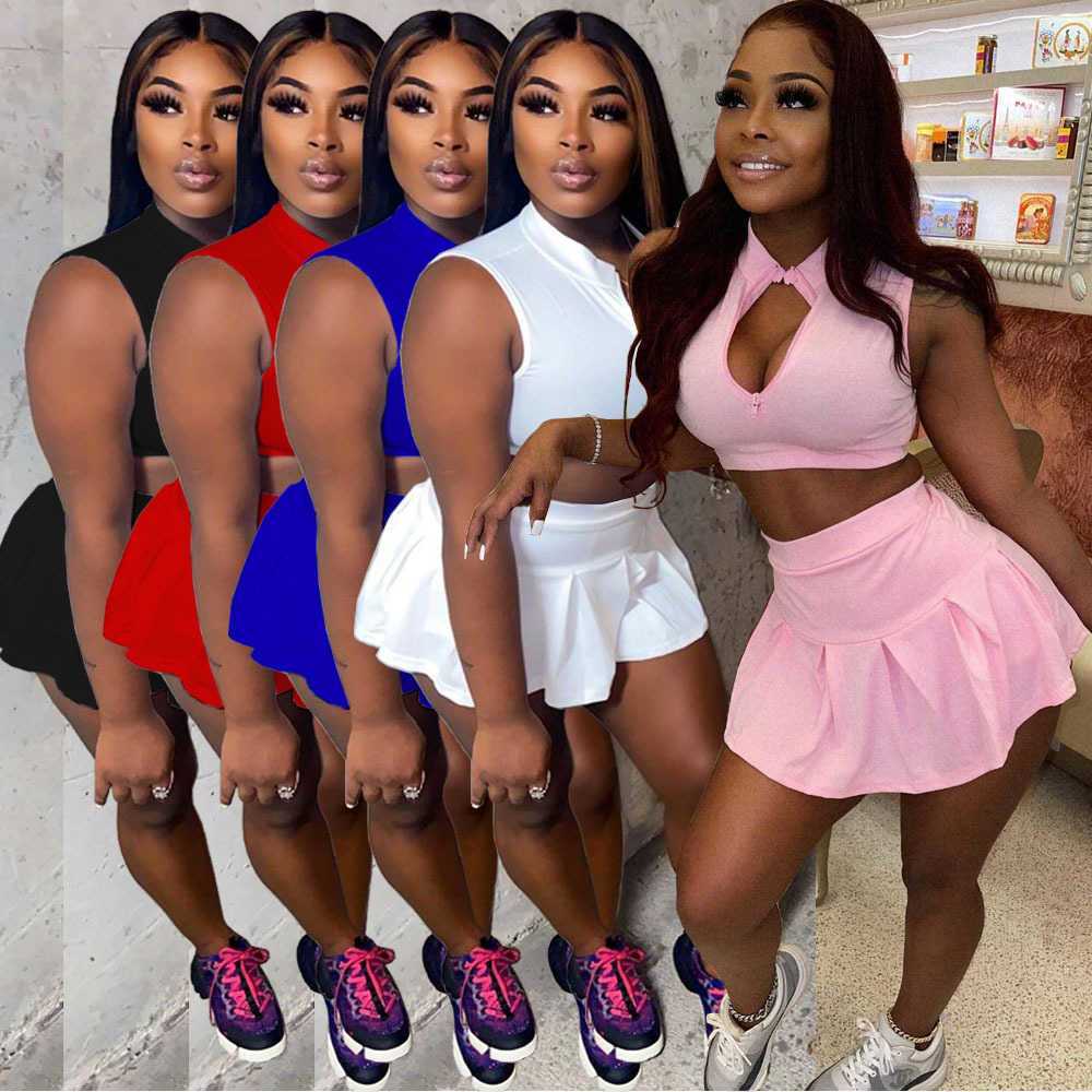 

women's fashion casual sexy solid color pleated slim fit vest skirt pants sports two-piece set, Pink