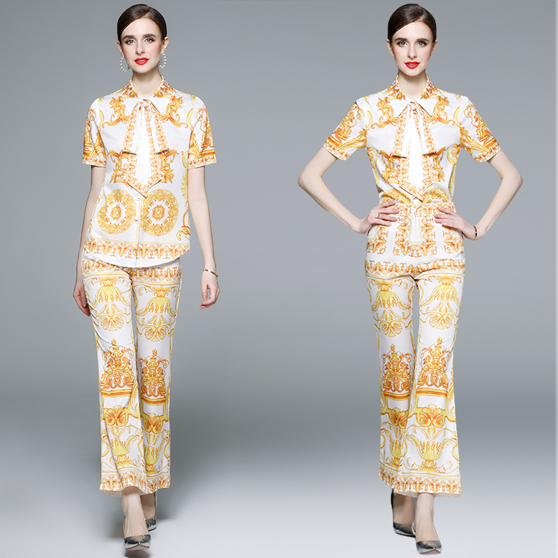 

Baroque Floral Summer Pants Outfit Women Short Sleeve Two Piece Sets 2023 Print Bow Blouse and Wide Leg Trousers Party Vacation Outfit Graceful Woman Designer Set, Blue