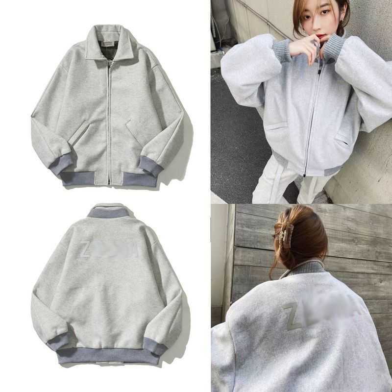 

American High Street Double Track Joint Branded Adhesive Reflective Letter Zipper Fleece Jacket Coat Baseball Team, W45 grey