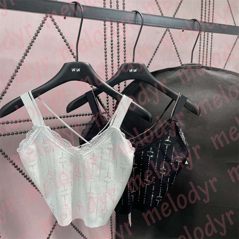 

Fashion Designer Vest Sexy Short T Shirts Diamond Letter Lace Knitted Crop Tops Women Sling Tank, Black