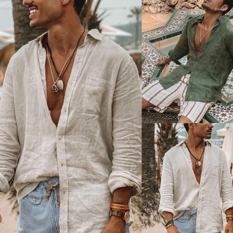 

Men' Casual Shirts 2023 Men Cotton Linen ShirtsStanding Collar Male Solid Color Long Sleeves Loose Tops Spring Autumn Handsome Men, White