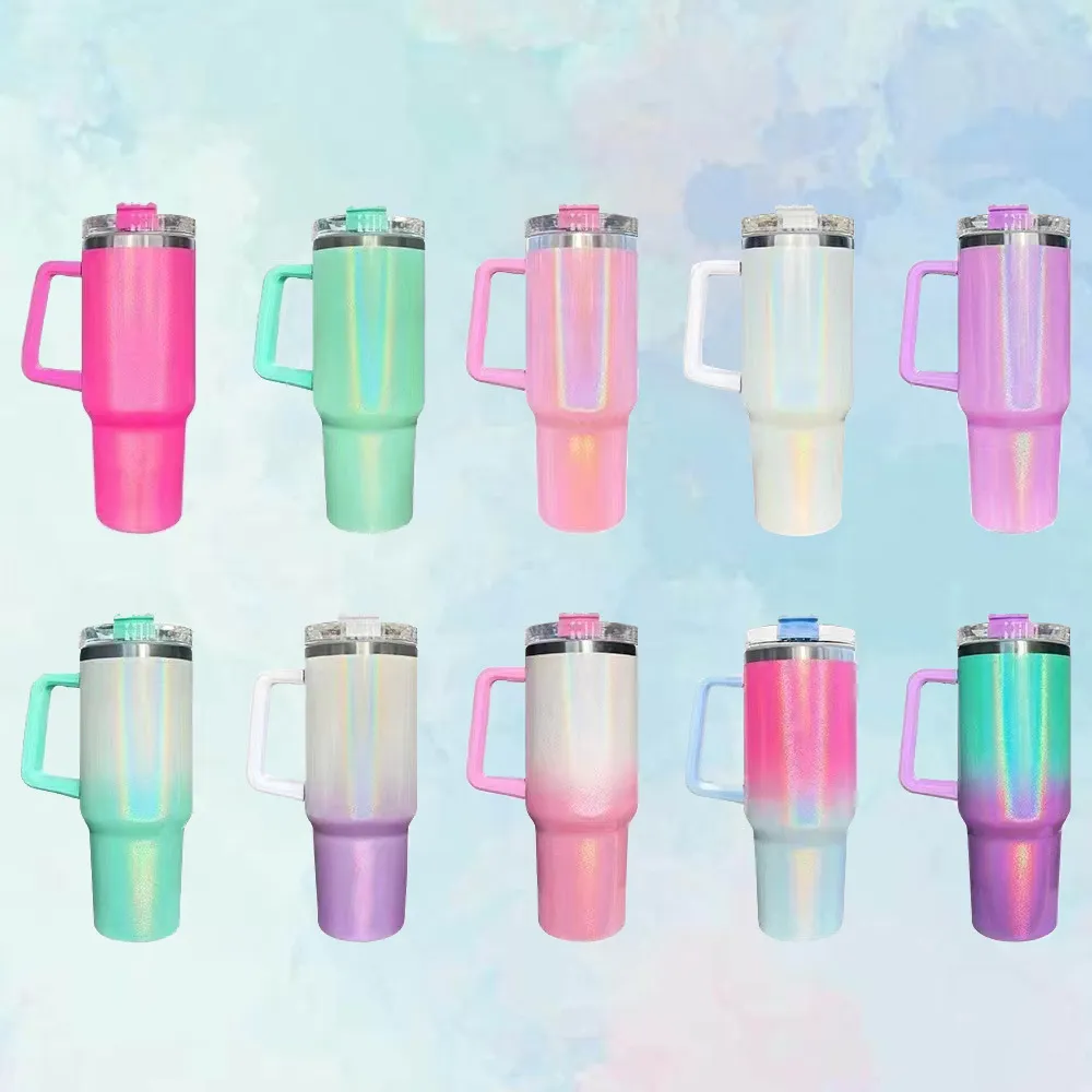 

Sublimation 40oz Glitter Tumblers With Handle Stainless Steel Insulated Travel Coffee Mugs 25 pcs, Multi-color