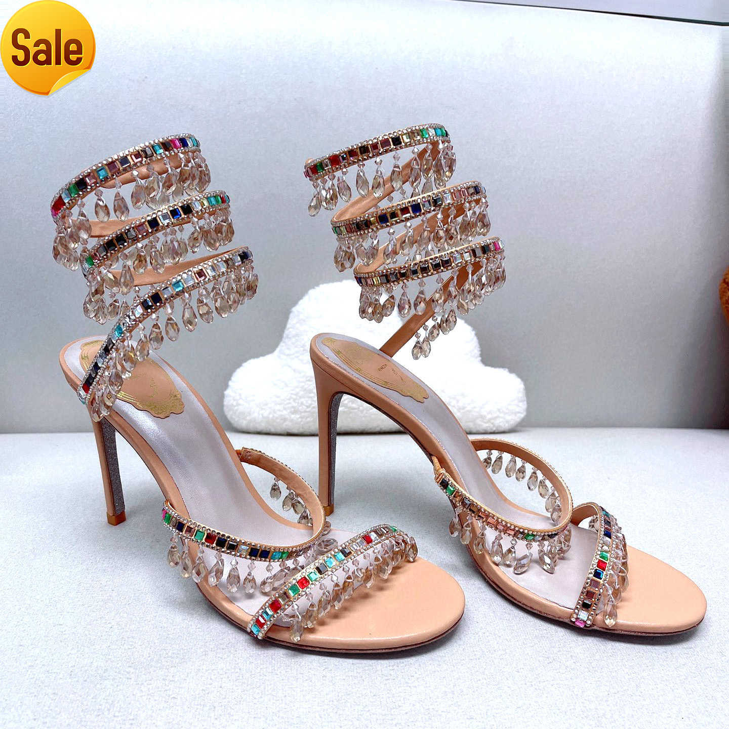 

Rene caovilla Chandelier crystal-embellished sandals leather stiletto Heels Evening shoes women heeled Luxury Designer Ankle Wraparound shoe factory footwearHH, Burgundy