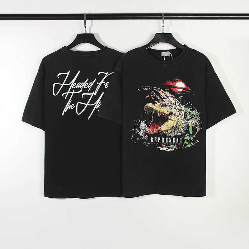 

Europe and America High Street Giant Crocodile Print Wash Old Vintage Men's Women's Loose Hip Hop Short Sleeve T-shirt, W97 washed ash