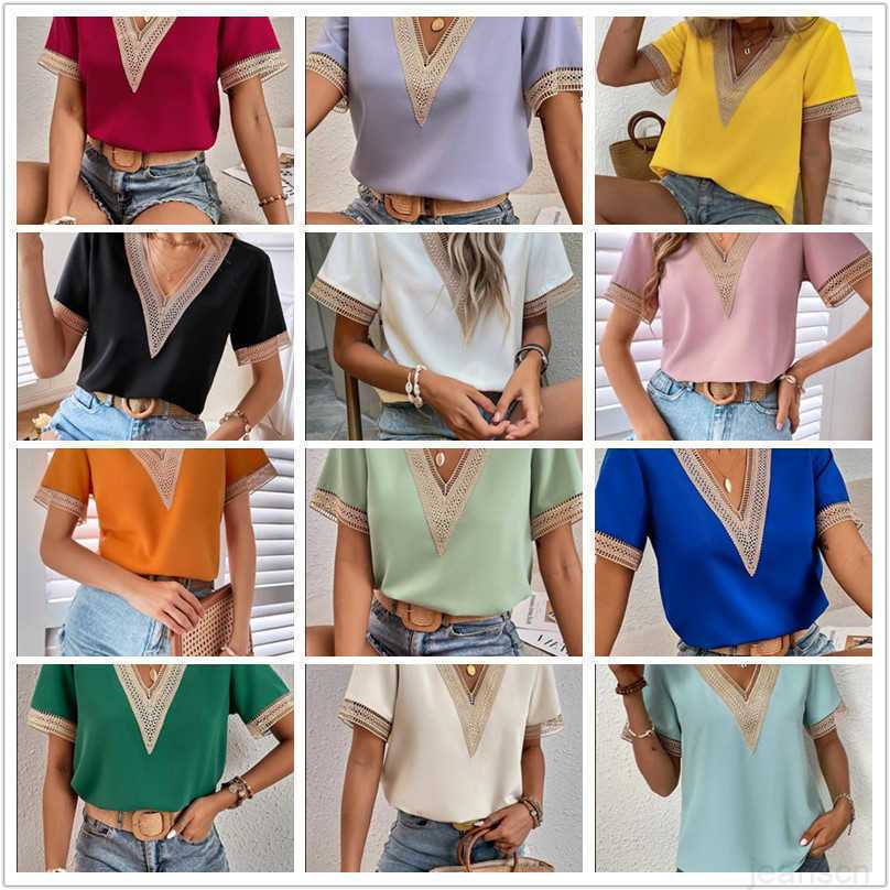 

2023 New Women' V-neck Lace Casual Solid Shirt chiffon plus sized Blouse silk womens summer tops blouses, Yellow