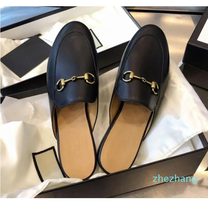 

2023-Mules Leather Slipper Round Toe Loafer Backless Genuine Leather Woman Man White Black Metal Buckle Designer Women's Flat Slippers 35-42 No Box, Silver shiny