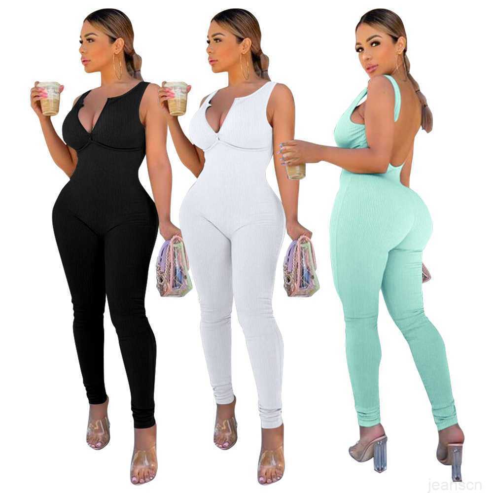 

women 2023 fashion v-neck summer jumpsuits solid color backless one-piece sleeveless trousers rompers bodysuit, White