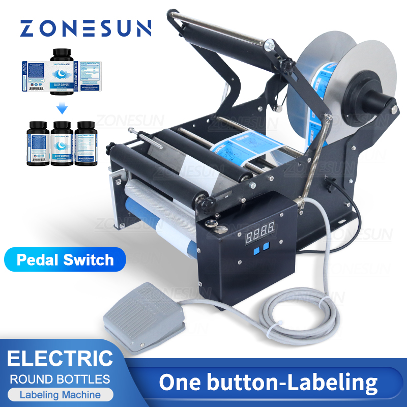 

ZONESUN ZS-TB16P Bottle Packing Machine Label Applicator Labeling Machine Electric Foot Switch Round Glass Plastic Bottle Jar Vial Sticker Packaging