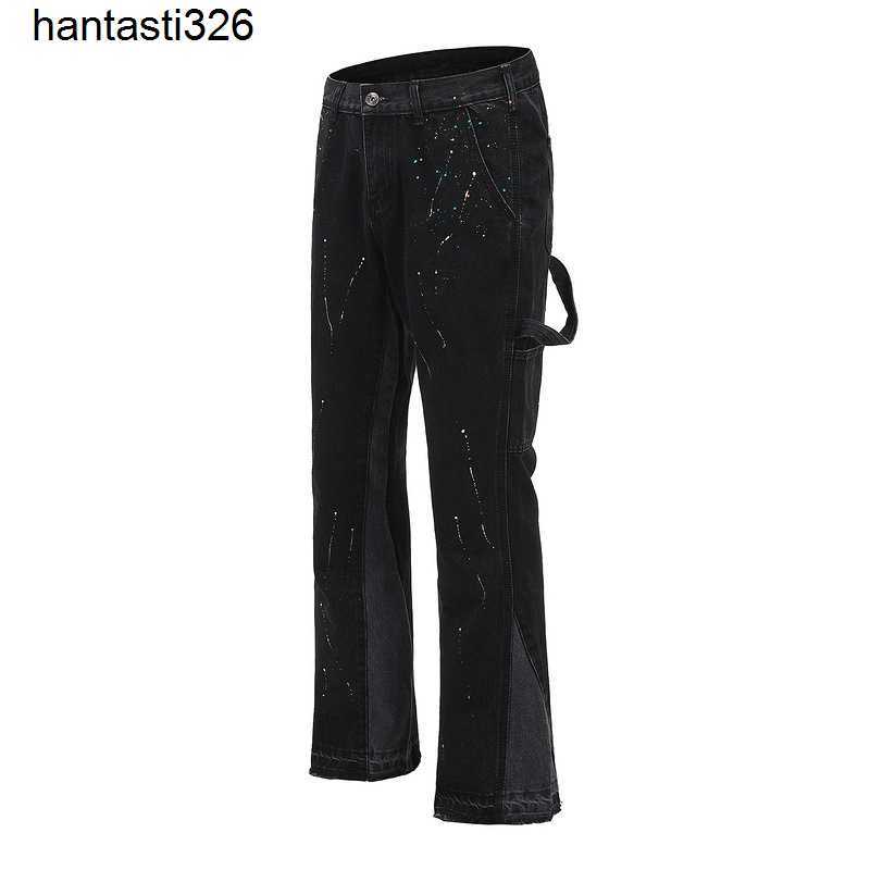 

Men's Jeans Men New Pants Gallerses Street Fashion Stitching Washing Dept Old Hand-painted Splash Basic Micro Flared Jeans LooseVOFD, Black
