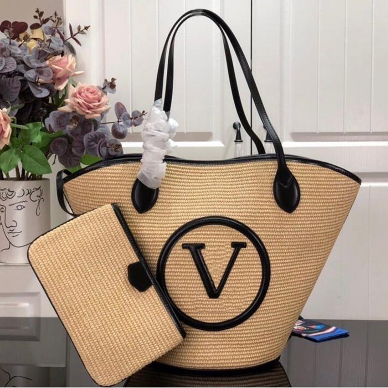 

Designer Beach Bags Classic Handbags Women's Shoulder Bag with Letters High Quality Pure Hand Woven bags Straw Shopping Bags Vacation Summer Woven Purses, Black