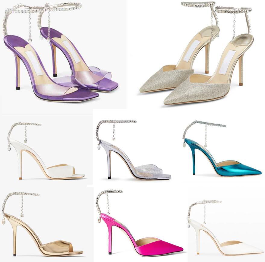 

Luxury Ladys sandal high heels Ivory saeda 100mm white satin leather pointed-toe open toe Crystal Chain Stiletto Heel Party Wedding Lady Gladiator Sandalias, 12