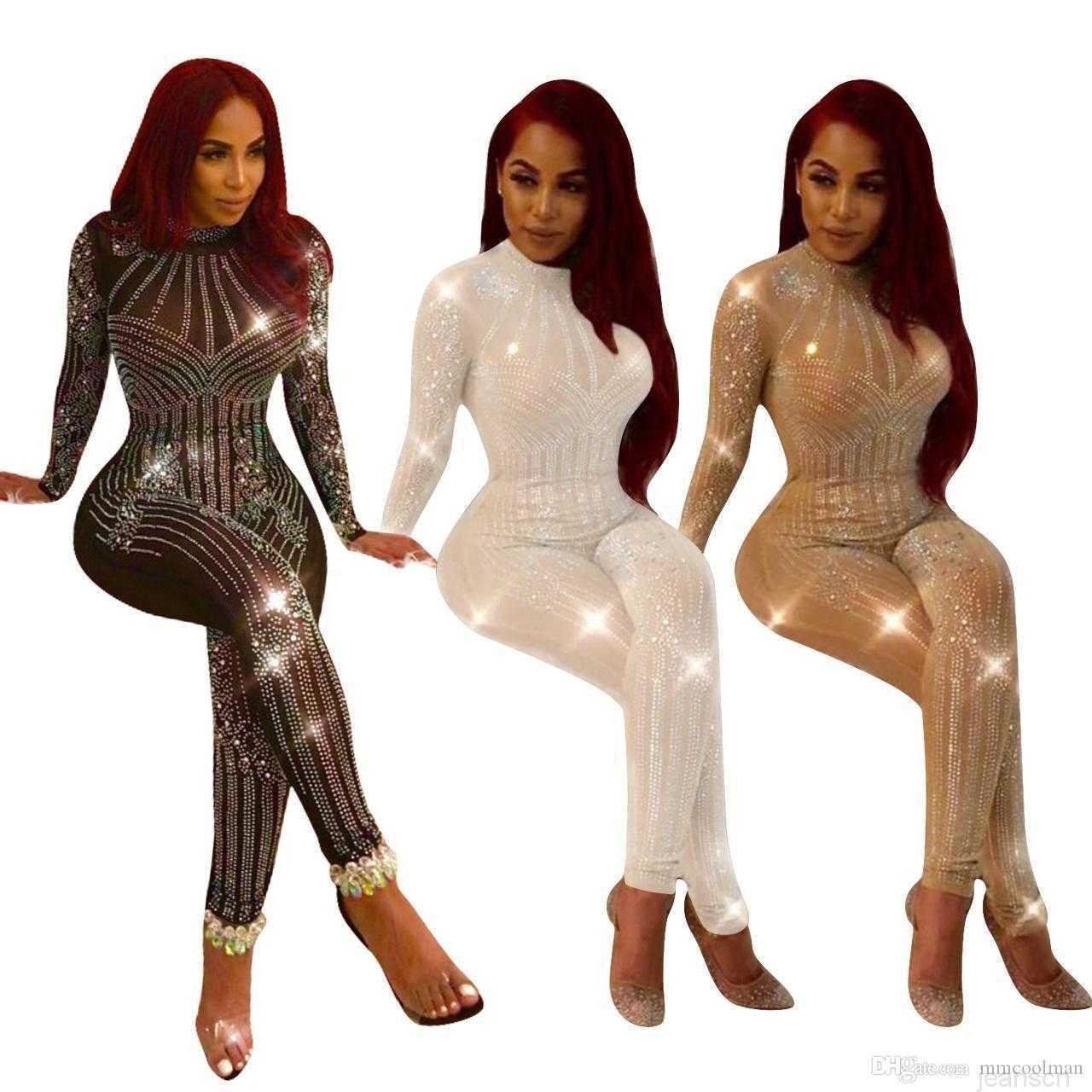 

sexy nightclub women jumpsuits drill mesh Jumpsuit clubwear rompers black clothes Night dress fashion designing dresses, White