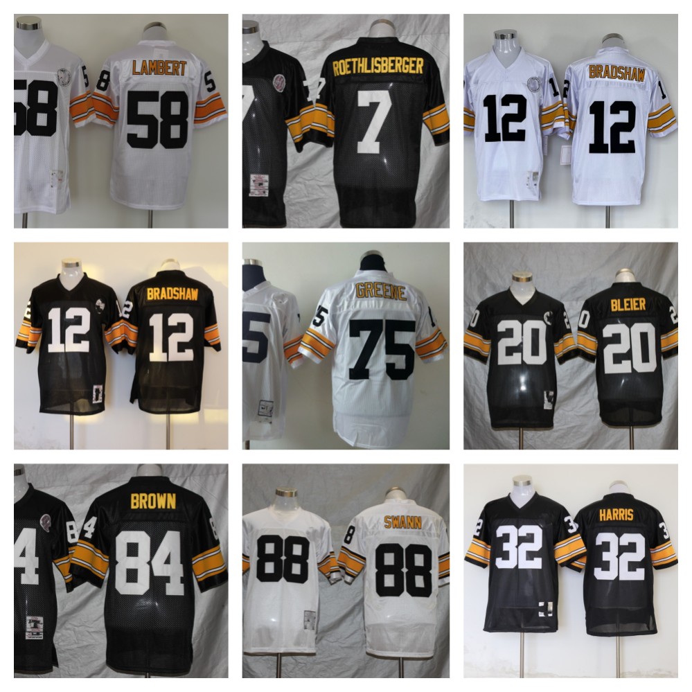 

Throwback Football Jerseys 12 BRADSHAW 20 BLEIER 26 WOODSON 32 Harris 36 bettis 43 POLAMALU 58 lambert player sportswear cool base custom, Mens