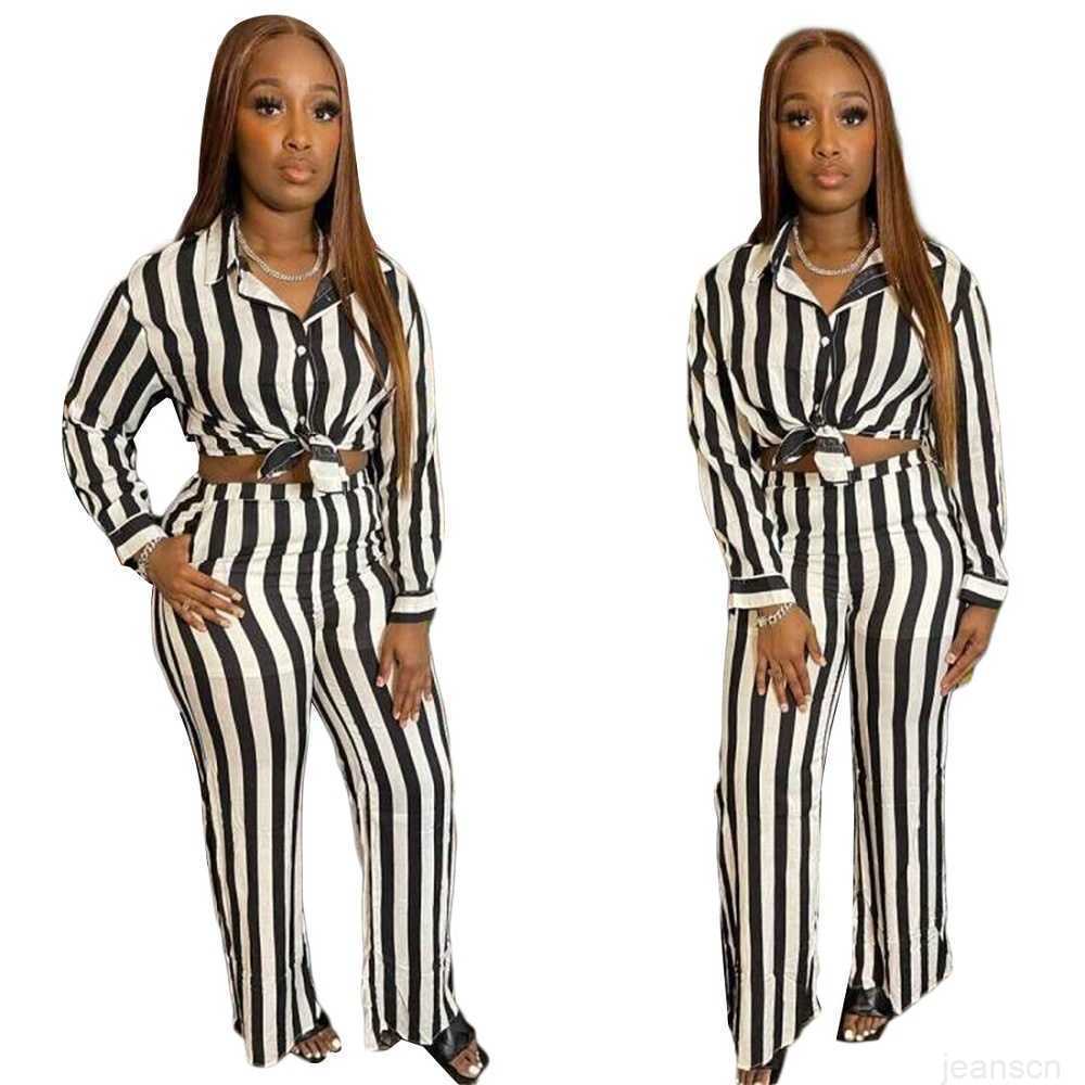

women's new black and white striped top fashion navel exposed striped wide leg pants two piece set, Black and white stripes