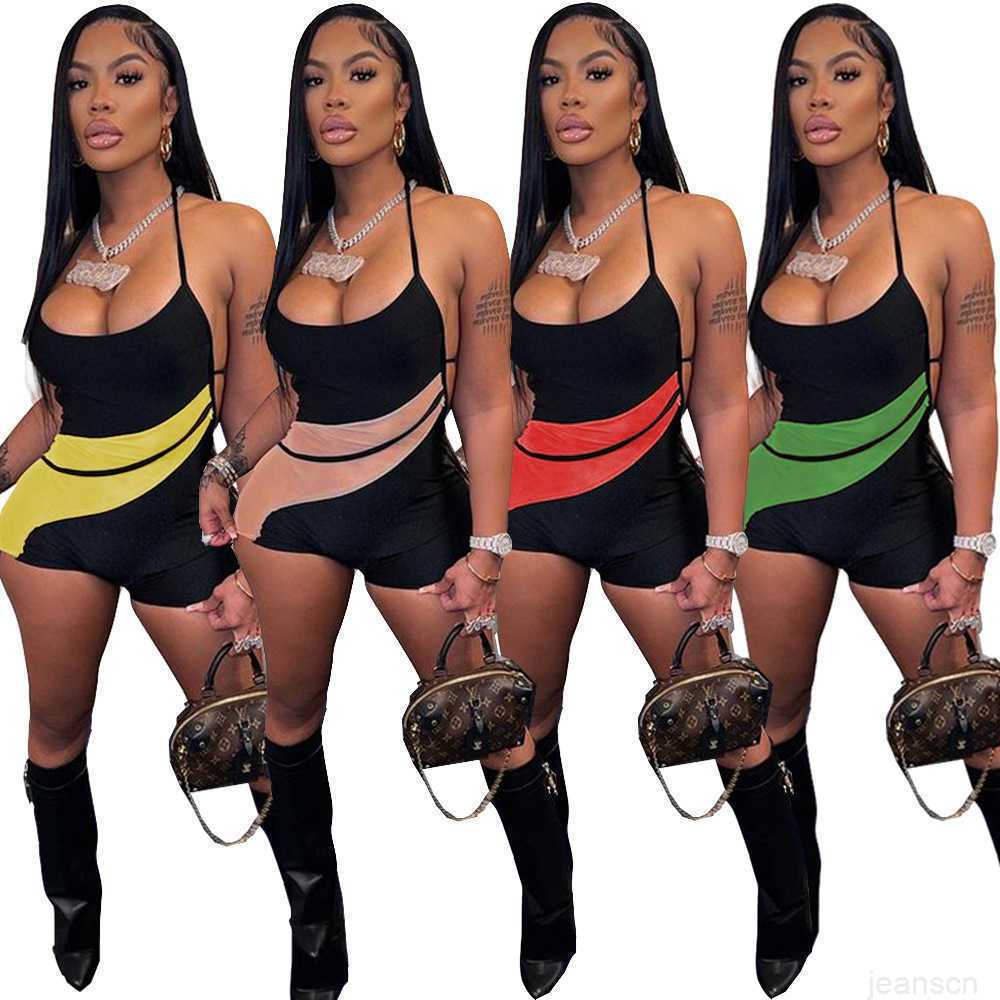 

women summer Jumpsuit romper style neck hanging open back mesh combination breathable Sweatpants jumpsuits, Green