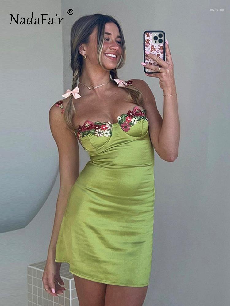 

Casual Dresses Nadafair Satin Sleeveless Summer Women Mini Dress Beach Green Floral Spaghetti Straps Vintage Sexy Holiday 2023 Backless