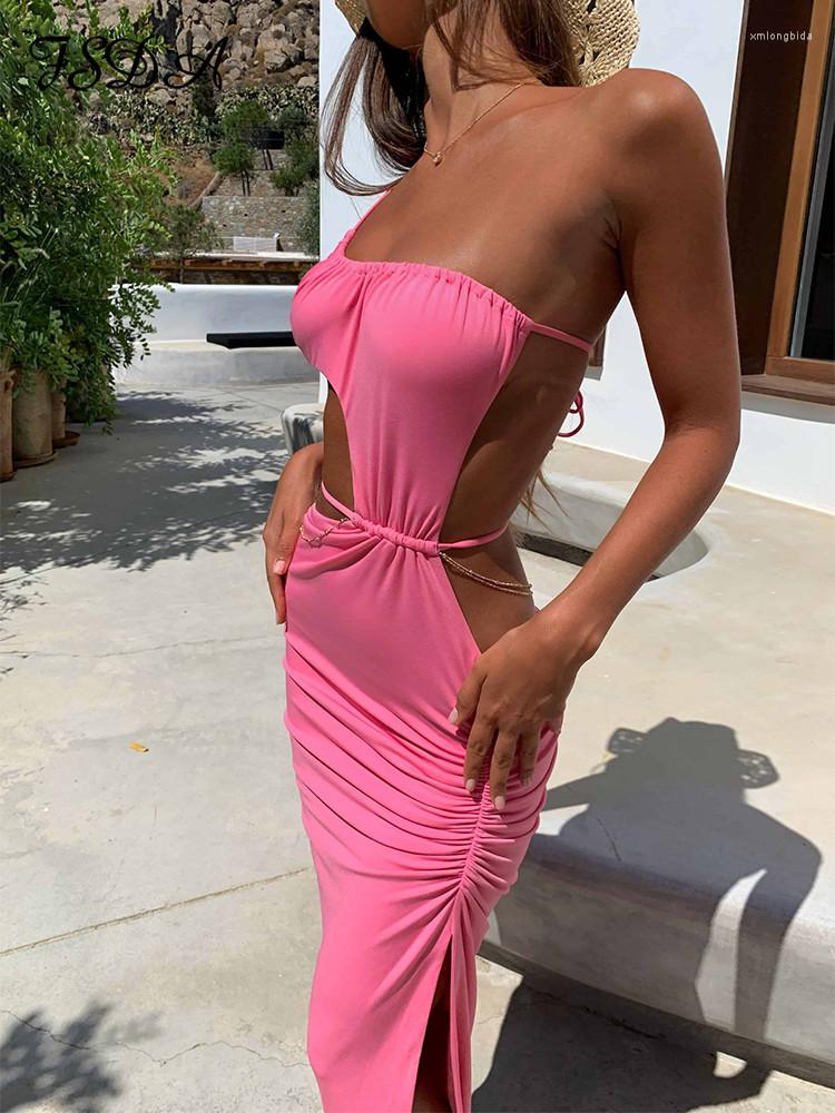 

Casual Dresses FSDA Summer Beach Women Bodycon Dress White Backless Bandage Hollow Out Party Sexy Midi Sleeveless 2023, Pink
