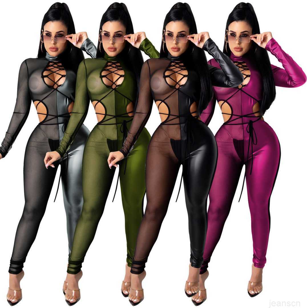 

Women patent pants leather splicing perspective mesh lace up tight Jumpsuit The listing Recommend Surprise price wholesale, Mix colours or leave a message