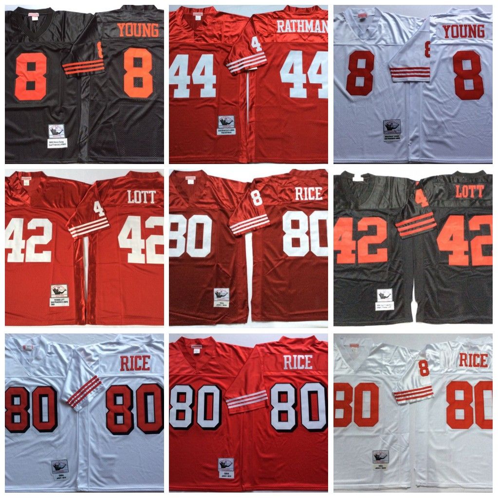 

NCAA 75th Vintage Football 80 Jerry Rice Jerseys Stitched 8 Steve Young 33 Roger Craig 42 Ronnie Lott 44 Tom Rathman Jersey Mitchell & Ness Red Black White, Same as picture