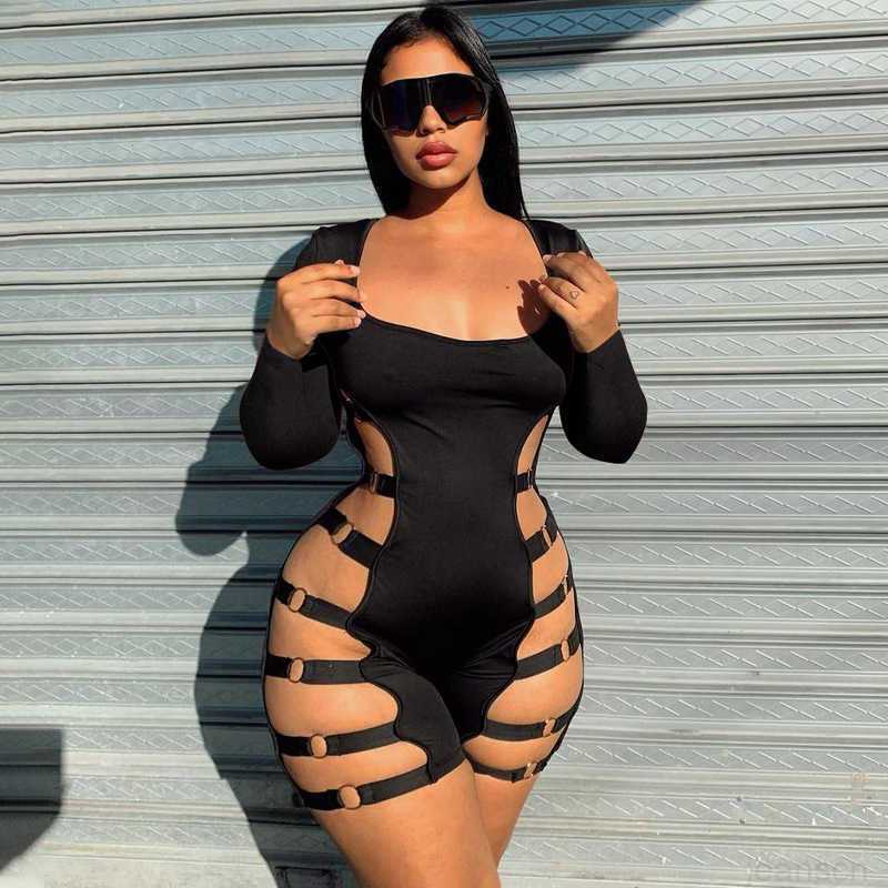 

Women's 2023 Fashion jumpsuits amp rompers New Long Sleeve U-Neck Sexy Hollow out Nightclub Bodysuit Women, Black2