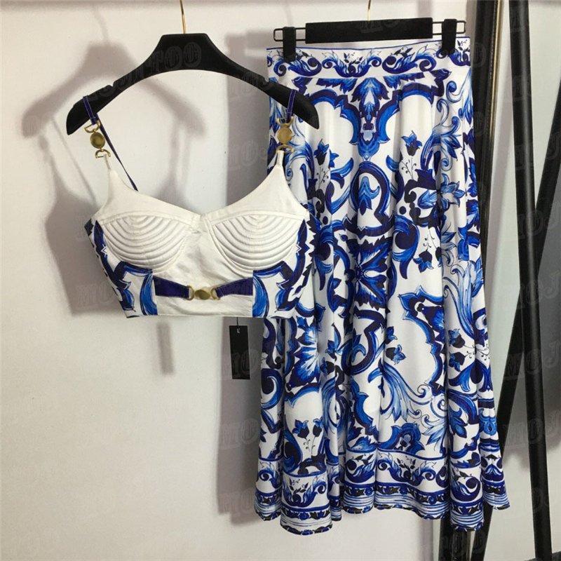 

Vintage Print Sling Vest Dress Sets For Women Fashion Sexy Tank Top High Waist Skirts Party Wedding, Blue