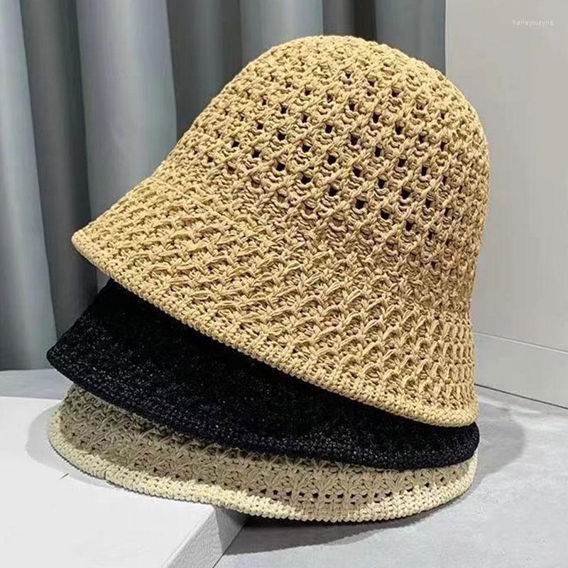 

Wide Brim Hats Handmade Crochet Floppy Top Summer Collapsible Dome Bucket Hat Hollow Out Solid Color Beach Caps Simplicity Soft Women, Black