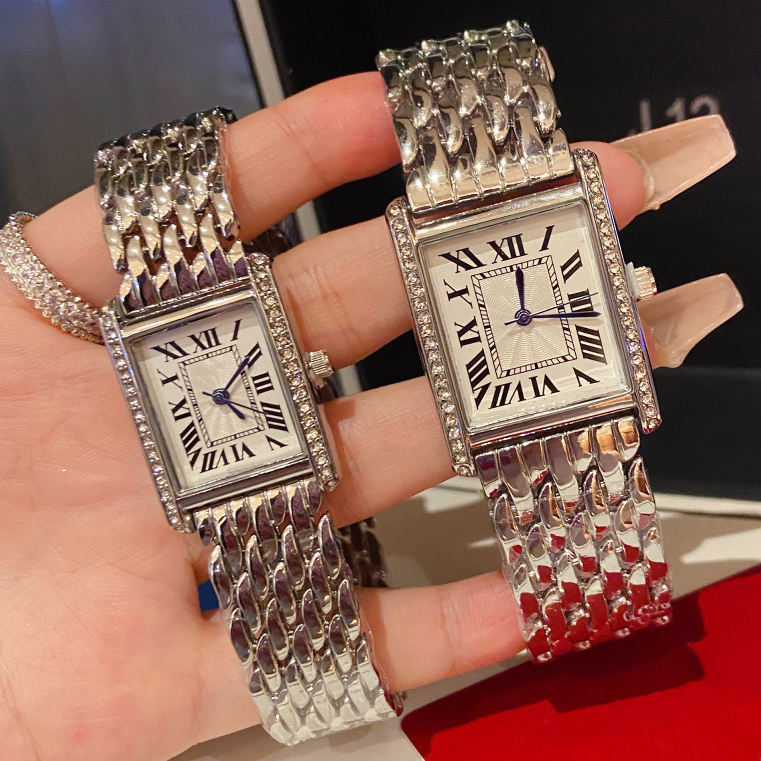 

Luxury fashion his and hers watches vintage tank watches Diamond Gold Platinum rectangle quartz watch stainless steel fashion gift for couple, Only box