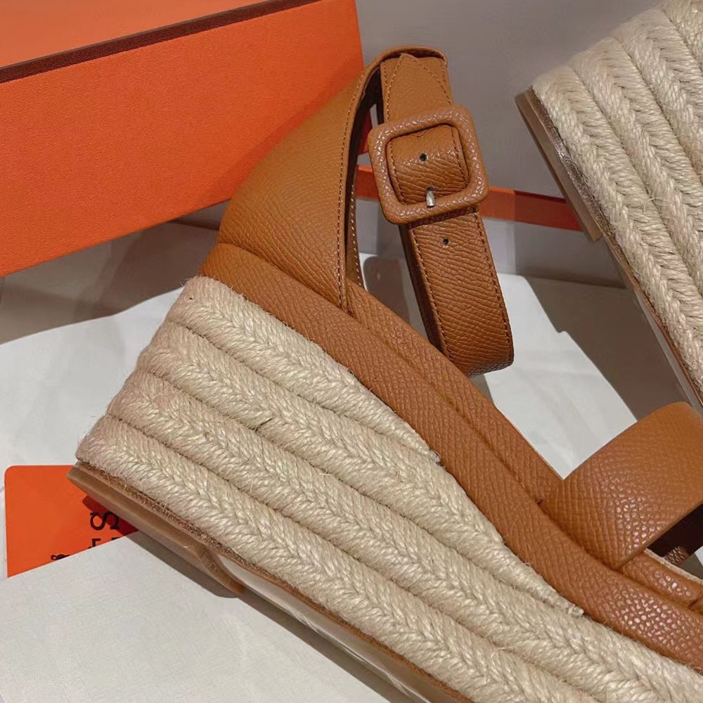 

Platform Wedge sandals Leather Slip On Narrow wedge shoes Straw muffin soles Loafers Shoes Flats womens high heeled sandal, Brown