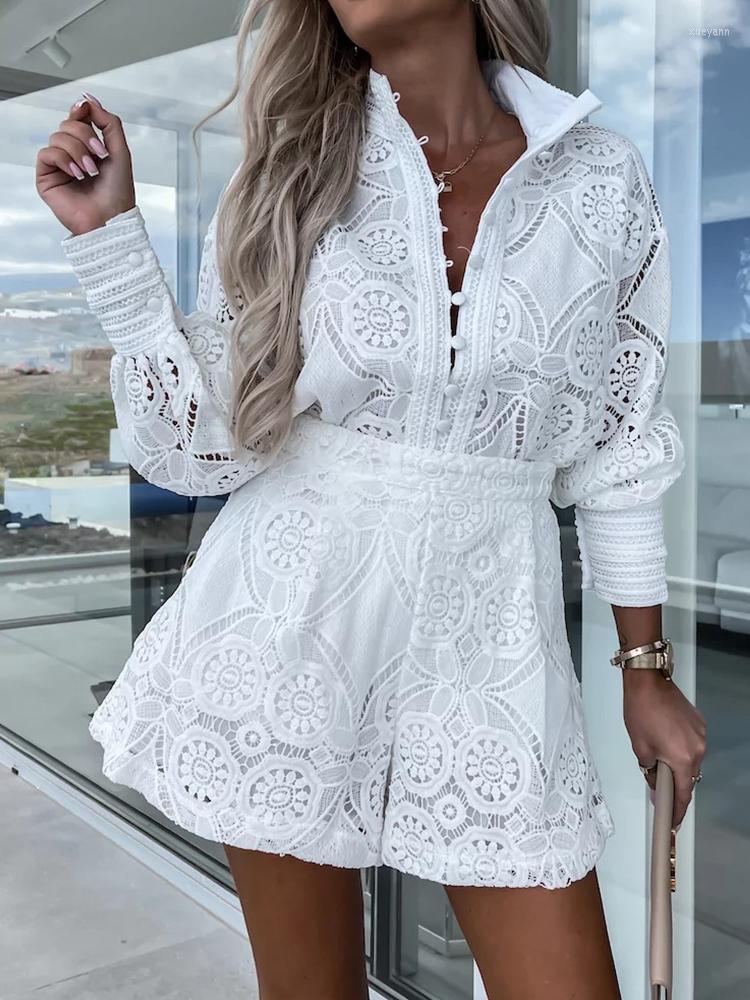 

Women's Tracksuits Vintage Embroidery Lace Short Sets Women Summer Casual Long Sleeve Single Breasted 2 Pcs Outfits Elegant Fashion Suits, Apricot