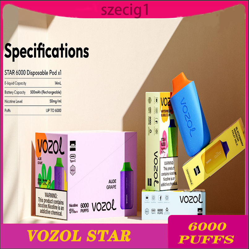 

VOZOL Star 6000 Puffs Bars Disposable E cigarettes Vape Pen 14ml Pre-filled Pods Cartridge 500mAh Rechargeable Battery