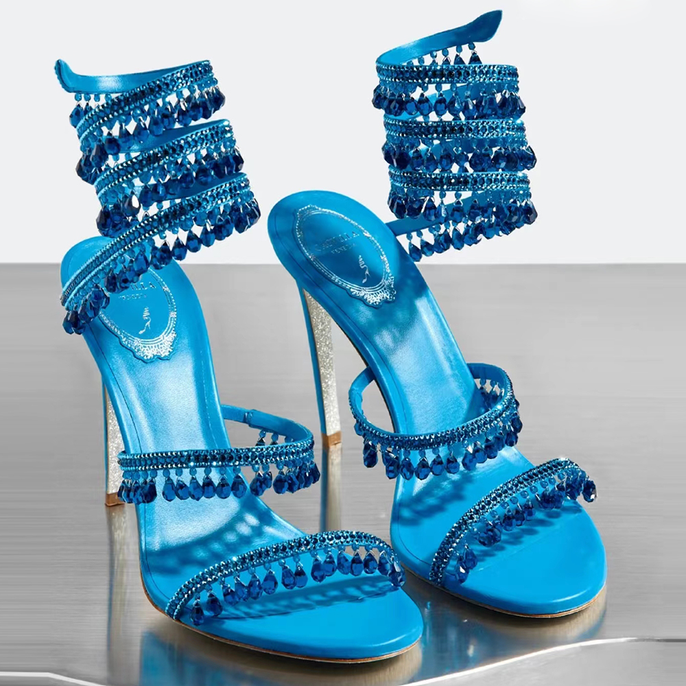 

Rene Caovilla Crystal Chandelier high-heeled sandals women's Fairy style luxury diamond serpentine wrapped Roman high heels 10cm designer banquet dress shoes, 41