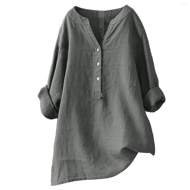 

Women's Blouses Cotton Linen Tops Women Blouse Elegant V Neck Long Sleeve Shirt Casual Spring Solid Shirts Vintage Loose Blusas, Red