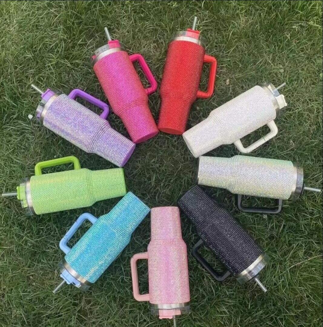 

1Pc 40oz Diamond Mug Tumbler With Handle Insulated Tumbler With Lids Straw Stainless Steel Coffee Tumbler Termos Cup 9 color J0407, Pink