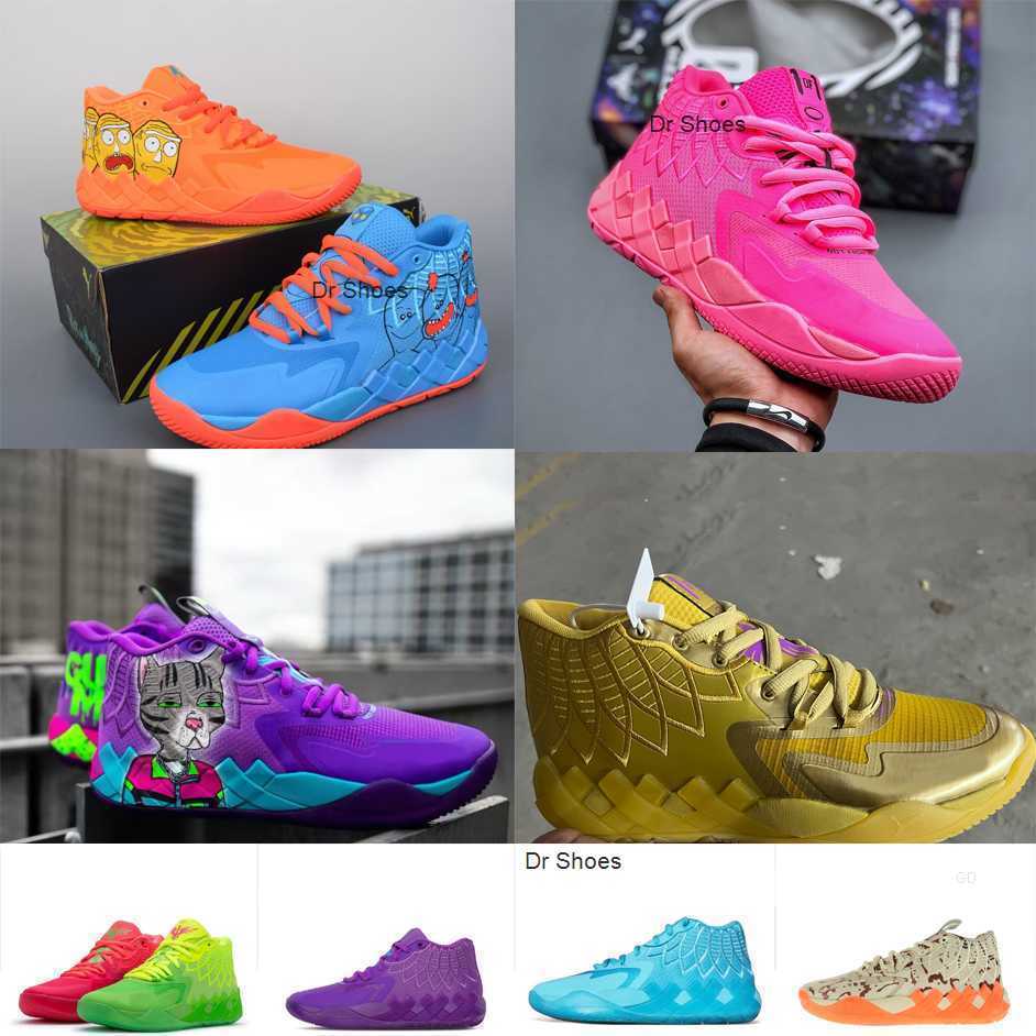

2023 Mens LaMelo ball basketball shoes MB 01 Rick Morty Blue Orange Red Green Aunt Pearl Pink Purple Cat Carton Melo sneakers tennis with box, Gold purple