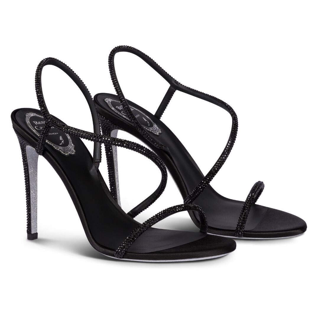 

Summer Luxury Renecaovilla Irina Sandals Shoes Glitter Soles Crystal Strappy Slip On Lady High Heel White Black Green Party Wedding Sexy Walking EU35-43