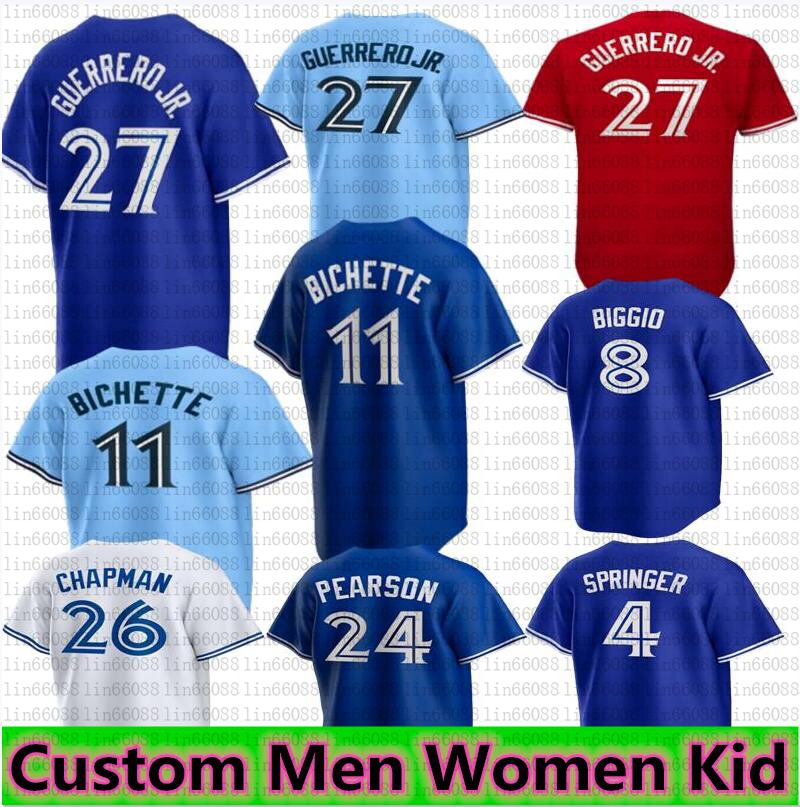

2023 Custom 27 Vladimir Guerrero Jr. Jersey 11 Bo Bichette Alejandro Kirk Alek Manoah 26 Matt Chapman George Springer Drury Hernandez 13 Gurriel Jr. Jerseys, Women