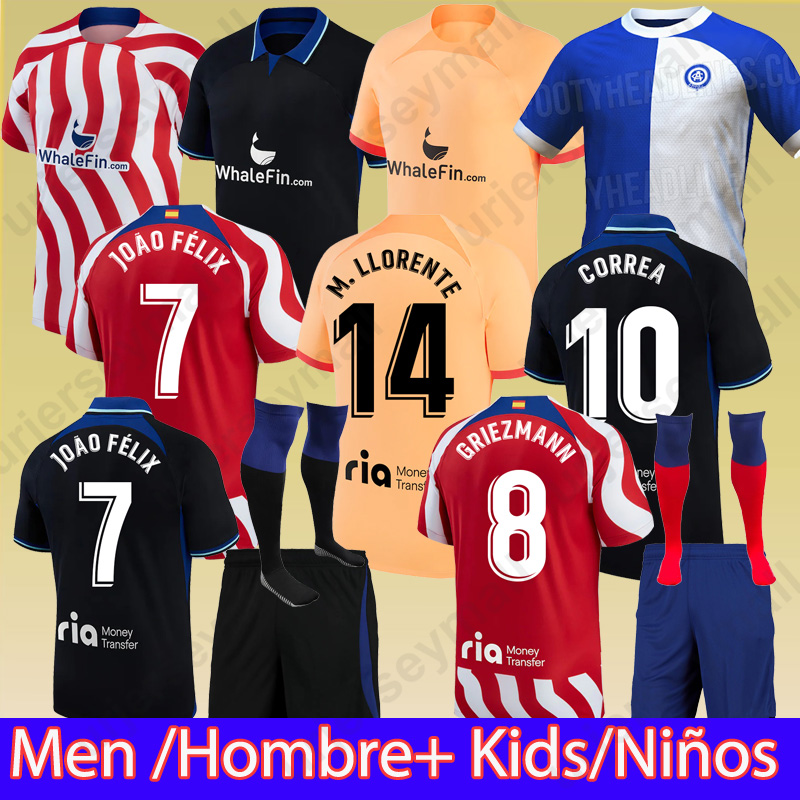

22 23 Atletico Madrids Soccer Jerseys MORATA GRIEZMANN JOAO FELIX 120th .Llorente CORREA KOKE Camisetas de futbol LEMAR CARRASCO men kids kit Football Shirt, 22 23 kids away