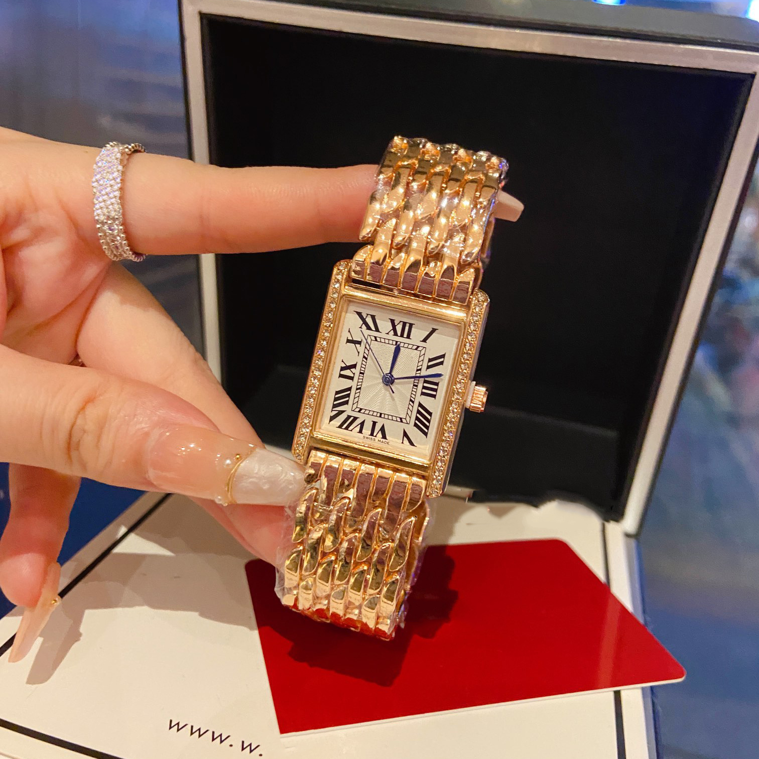 

Luxury couples watches for him and her set vintage tank watches Diamond Gold Platinum rectangle quartz watch stainless steel fashion gifts for lover, Only box