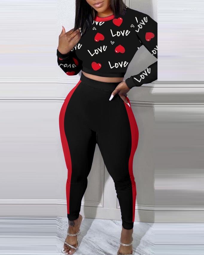 

Women' Two Piece Pants Valentine' Day Love Heart Print Top & Contrast Paneled Set Peice For Women Matching Sets Elegant Female