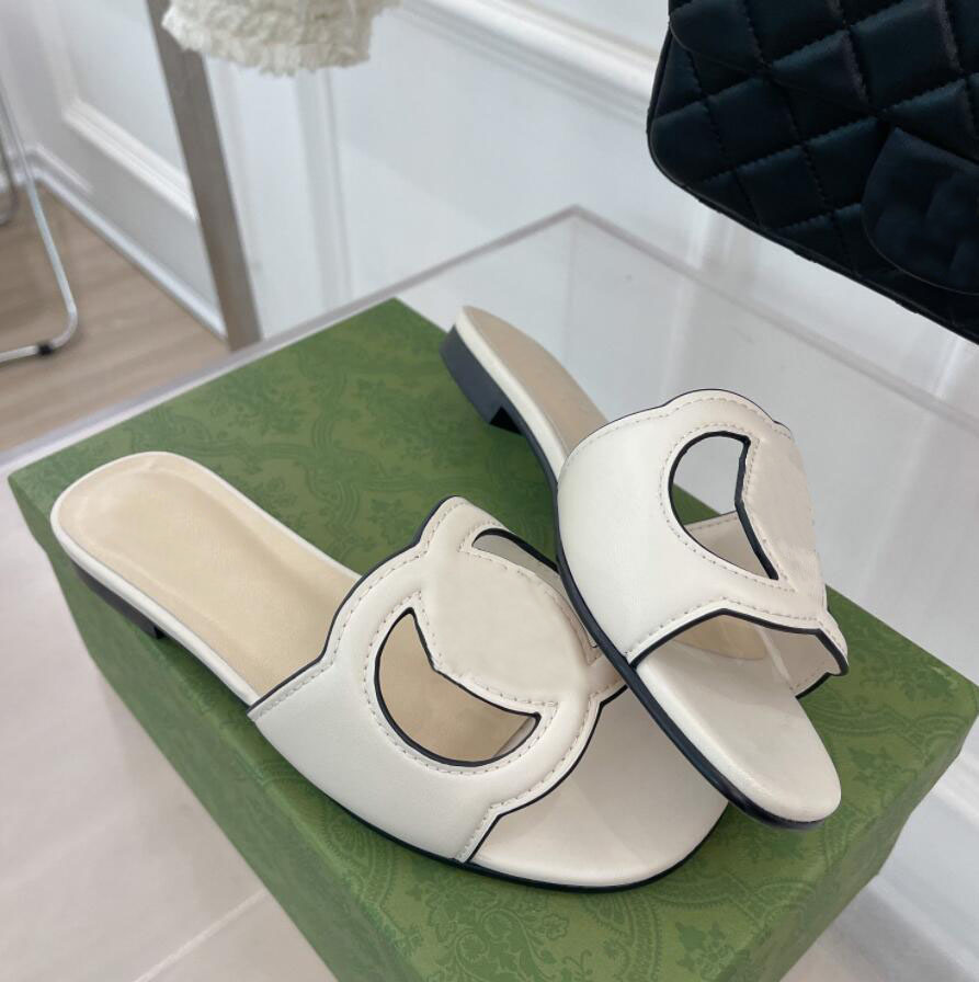 

White Leather Cutout slipper Lady sandal flat Interlocking cut out brand Cut-out Flip Flops Slip On Beach Slide outdoor casual flats with box EU35-42