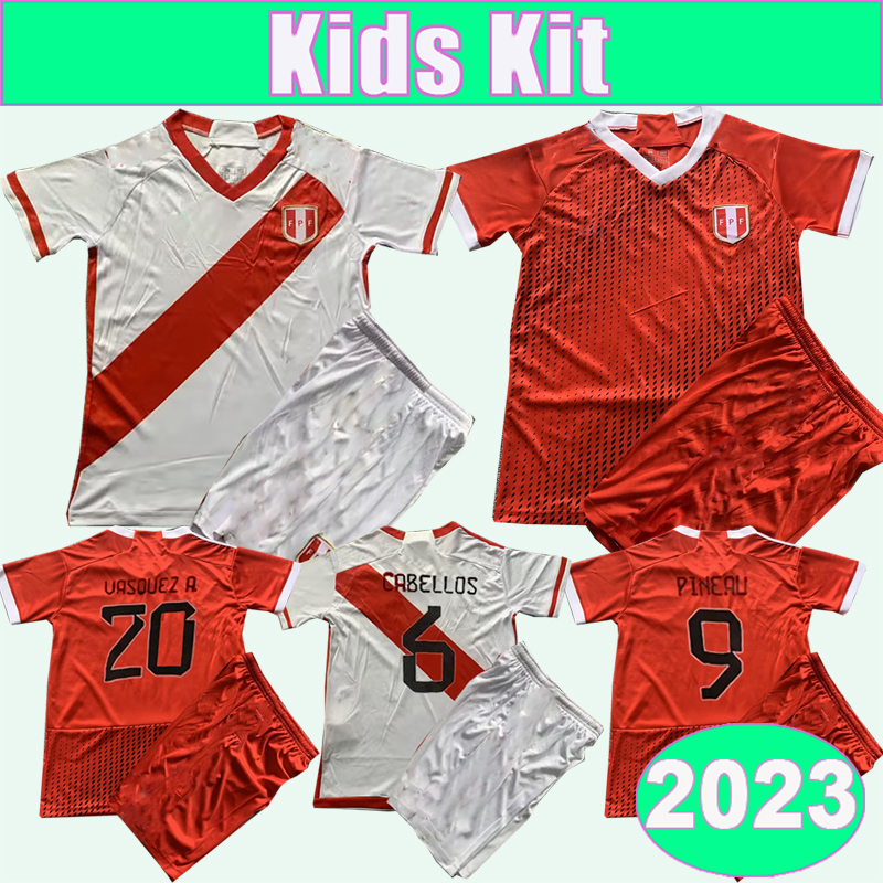 

2023 Peru LAPADULA TAPIA Kids Kit Soccer Jerseys National Team FLORES CUEVA GUERRERO FARFAN ABRAM LORES Home White Away Red Football Shirts Short Sleeve Uniforms, Tz13259 2023 home no socks