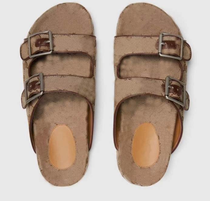 

Womens Flat Slippers Sandals With 2 Straps Lady Fashion Metal Buckle Beach Multicolor Slides Men's lace-up Scuffs For Summer 35-43