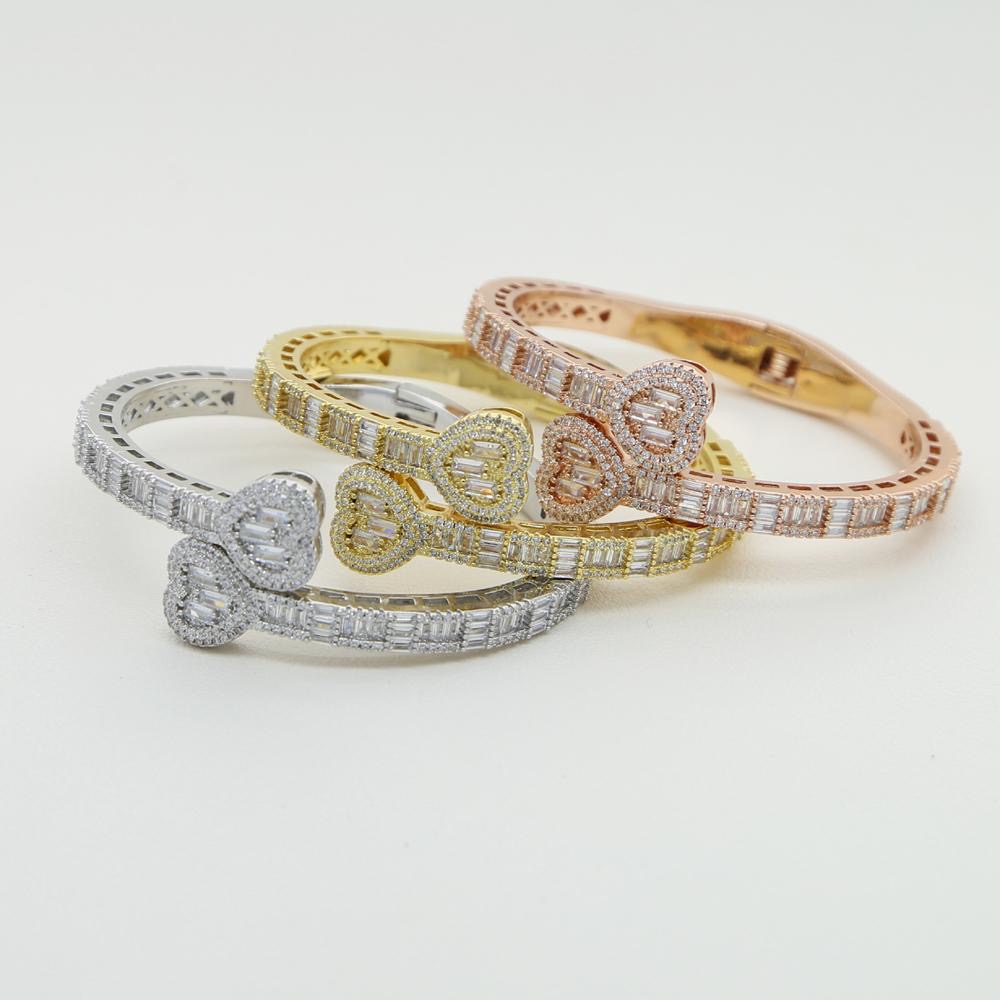 

Delicate Baguette CZ Heart Shape Adjustable Cuff Bangle bracelet Iced Out Bling 5A Cubic Zirconia Luxury WOMEN Hiphop Jewelry