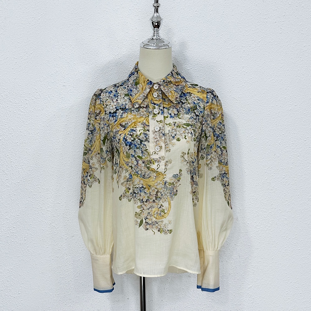 

Women's Blouses & Shirts Women's shirt and shirt Australian designer ramie lapel positioning flower top, Multi